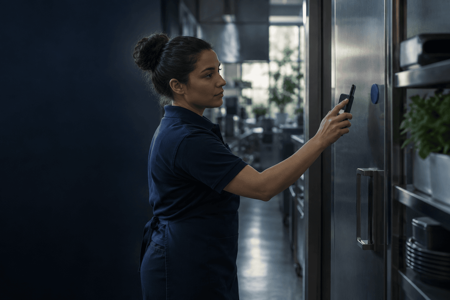 A cleaner taps a phone on a tag fixed to a stainless-steel freezer door
