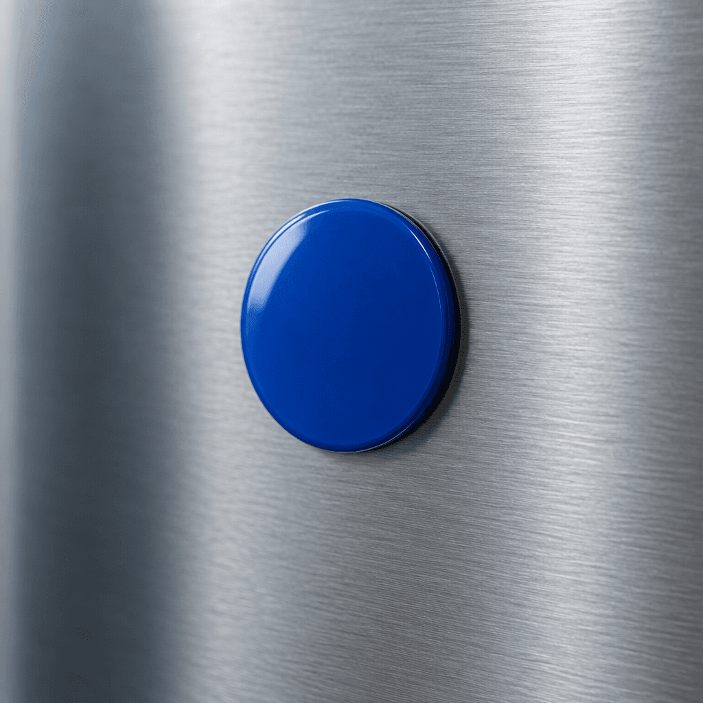A blue NFC tag mounted on a stainless-steel surface