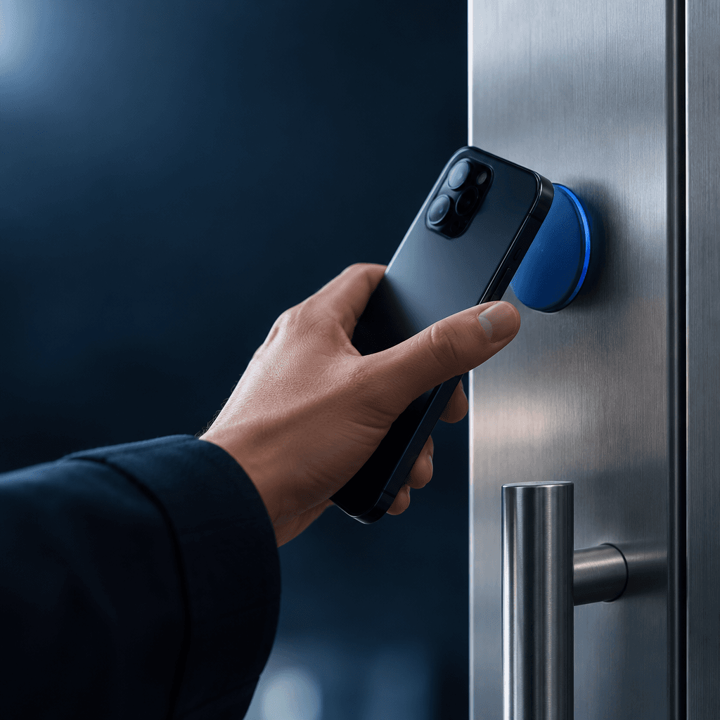 A hand tapping a phone against a tag on a door
